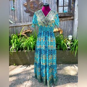 Summer dress green blue Paisley long dress beach sun vacation